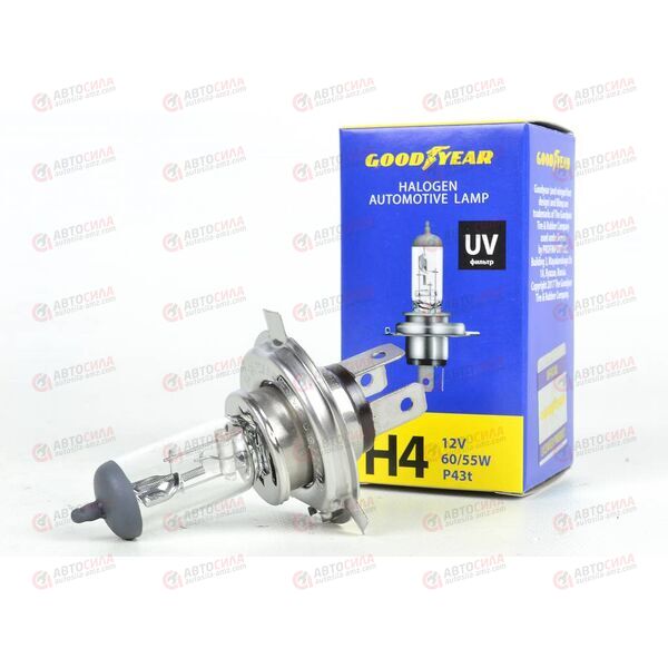 Лампа галоген 12В H4 60/55 Ватт P43t UV фильтр Goodyear